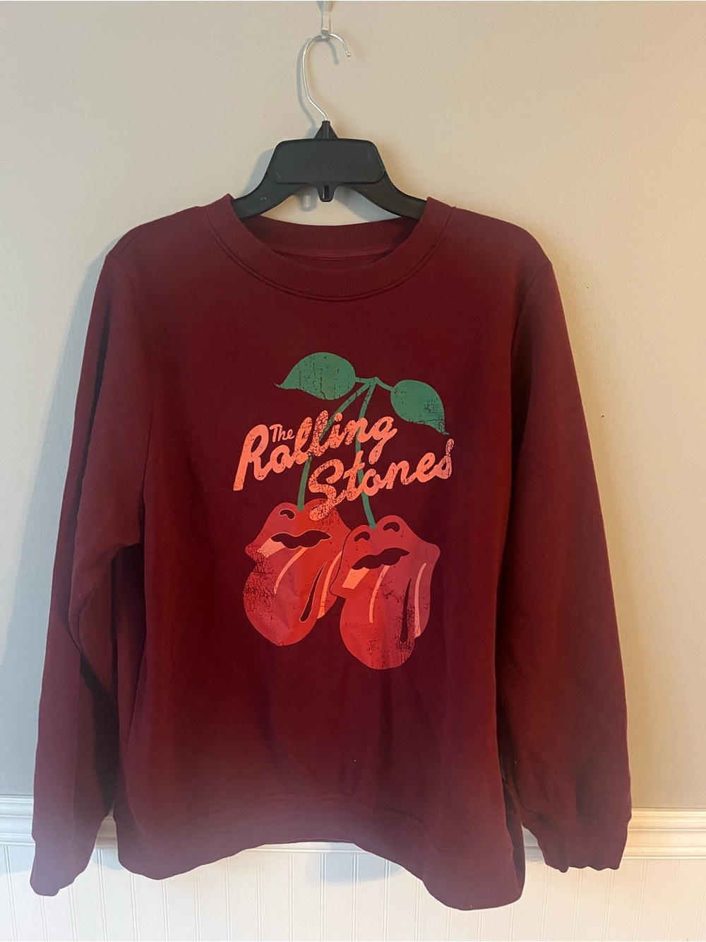 The Rolling Stones Maroon Crewneck Sweatshirt with Red Tongue Graphic